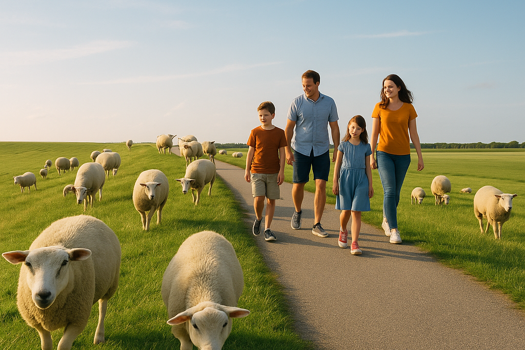 Familie spaziert auf einem Feldweg zwischen Schafen in ländlicher Umgebung in Nessmersiel.