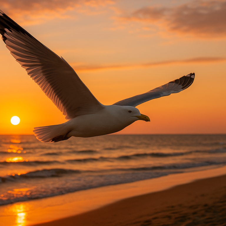 Eine Möwe fliegt über den Strand bei Sonnenuntergang.